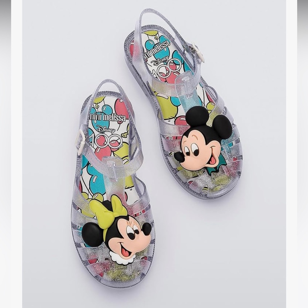 Mini Melissa + Disney Kids' Jellies w/ Mickey and Minnie - Glitter Clear sz3